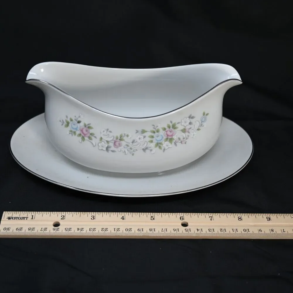 Vintage Carlton Corsage 481 Japan Gravy Boat Underplate Floral Platinum
